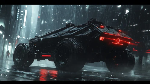 Armored cybertruck under volumetric rain in neon-lit megacity street