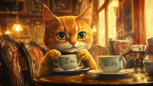 Golden-Furred Feline Portrait in Ornate Interior Setting.