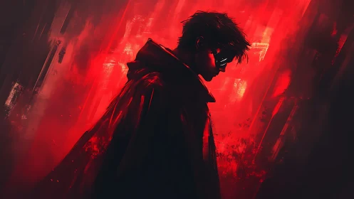 Side-profile figure in hooded coat against red abstract field