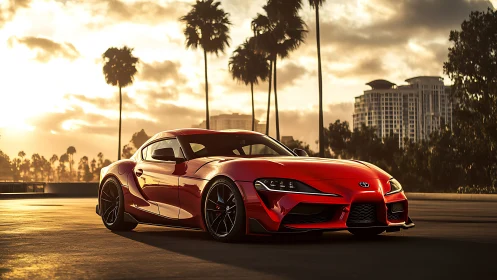 Red Toyota sports coupe parked on city rooftop at sunset