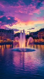 City fountain with illuminated jets under vivid sunset sky.