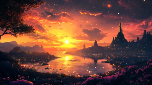 Celestial sunset over crystalline fantasy citadel and bay.