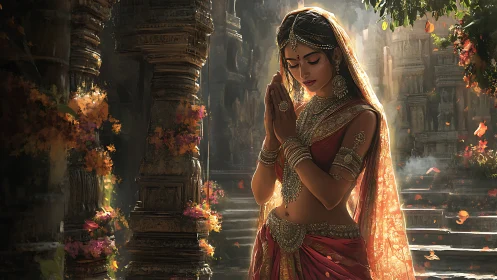 Woman in traditional attire praying in ancient stone temple.