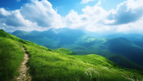 Sunlit ridge trail drifts toward distant blue mountain waves