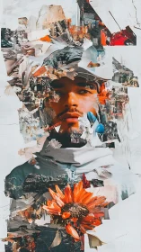 Collaged daydreamer wrapped in petals, rubble, and quiet fire.