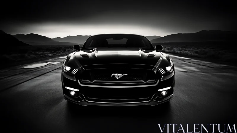 Midnight muscle car prowling a wet desert highway horizon.