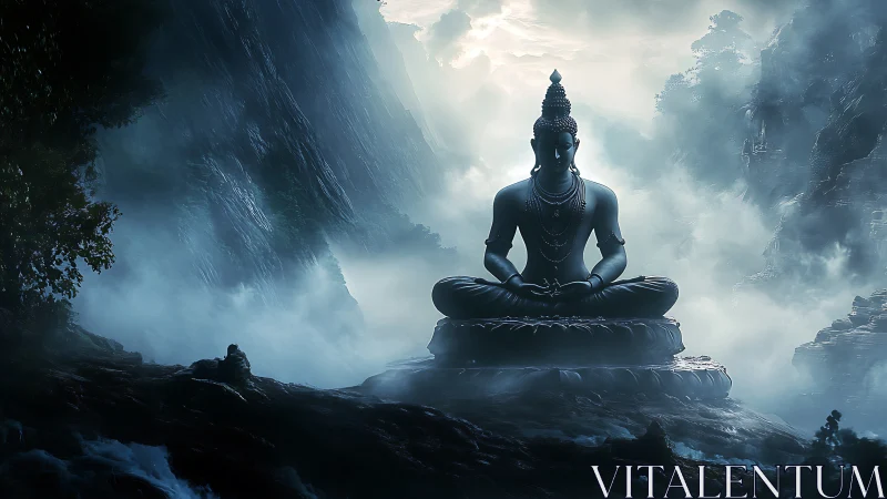 Mystic seated deity statue in foggy mountain valley.