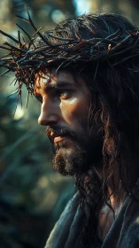 Sunlit thorn-crowned profile holds quiet, resolute sorrow