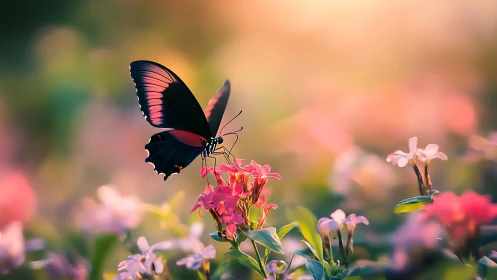 Black butterfly on pink flowers in luminous bokeh garden.