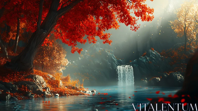 Crimson forest waterfall in luminous atmospheric backlight.