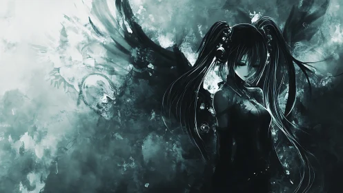 Shadow-winged songstress drifting through monochrome storm.