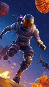 Armored space-suited figure advances in dynamic low-angle view