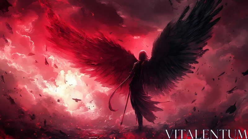 Scarlet storm crowns a shadowed angel with burning wings