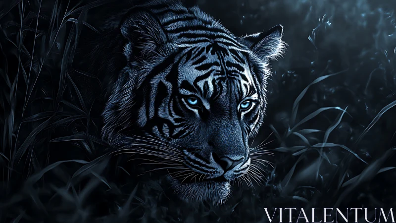 Tiger head in low-key blue digital rendering at nightfield.