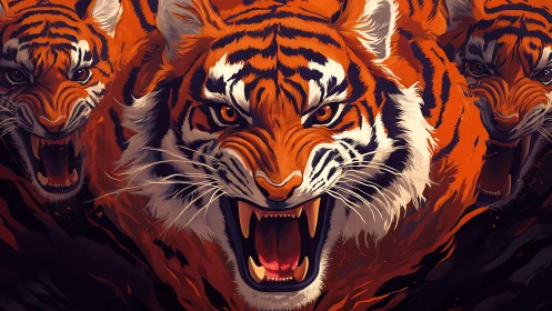 Triple tiger charge rendered in stylized high-contrast vector gradients