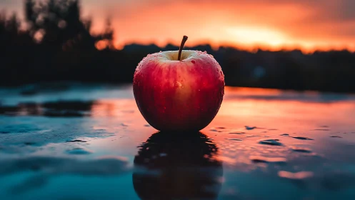 Red apple on wet reflective surface at vivid sunset.