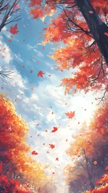 Crimson leaves swirling beneath radiant autumn skies.