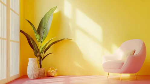 Minimalist pastel lounge corner captures warm morning light