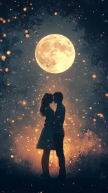Silhouetted Couple Beneath Luminous Lunar Disk: Romantic Night Scene.