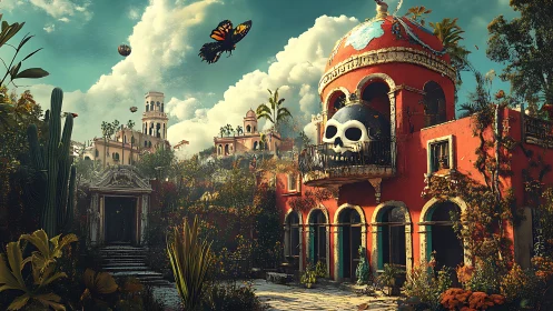 Vibrant decayed hacienda with skull balcony in lush overgrown valley