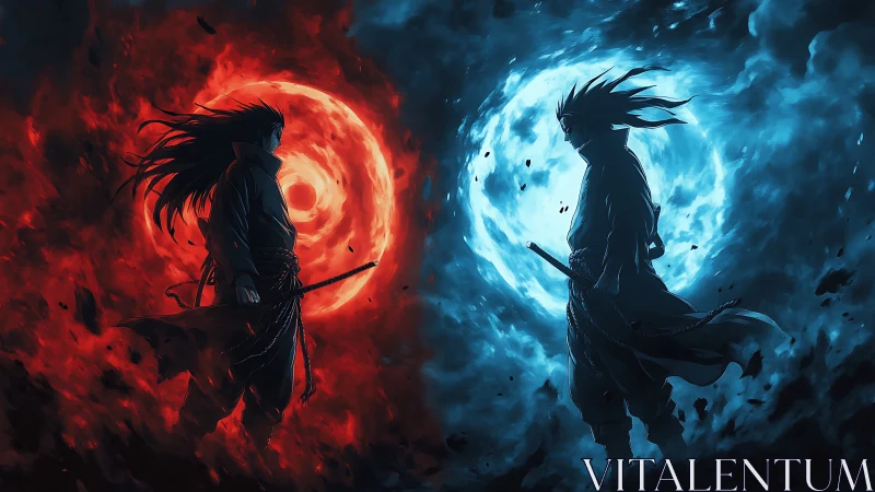 Dramatic samurai duel framed by red and blue energy orbs.