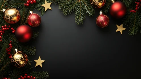 Christmas ornaments and fir branches on black background.