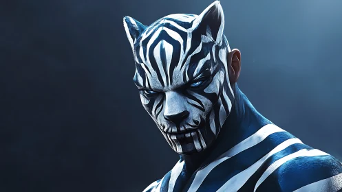 Brooding zebra-panther guardian wrapped in electric stripes.