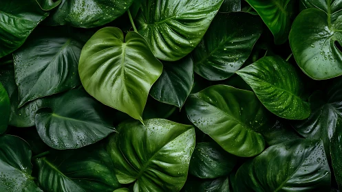 Tropical foliage macro captures glossy rain-kissed leaves.