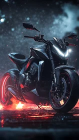 Cyberpunk streetfighter motorcycle over neon steam at night.