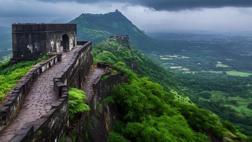 Stone hill fort rampart cuts across monsoon-soaked green valley
