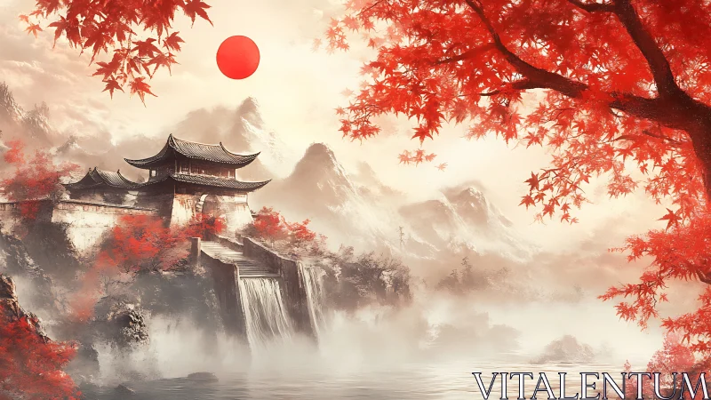 Tranquil red maple temple by misty mountains and soft sun.