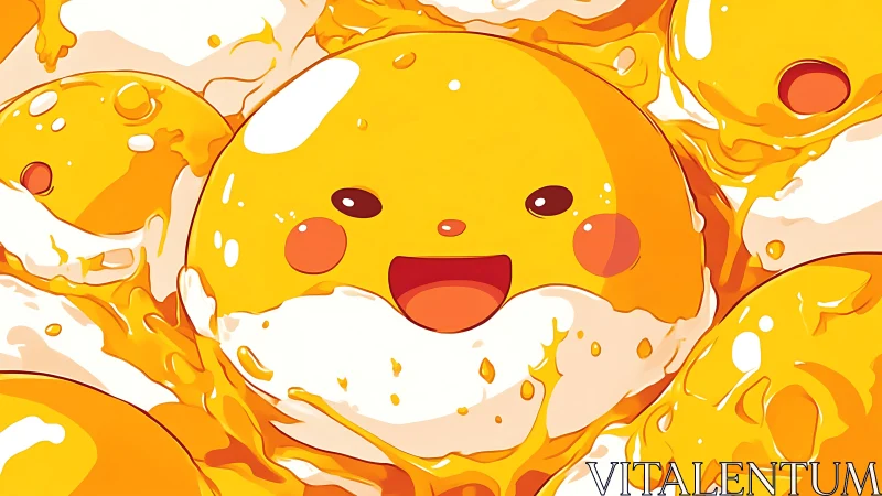 Smiling egg yolk characters swim through molten gold.