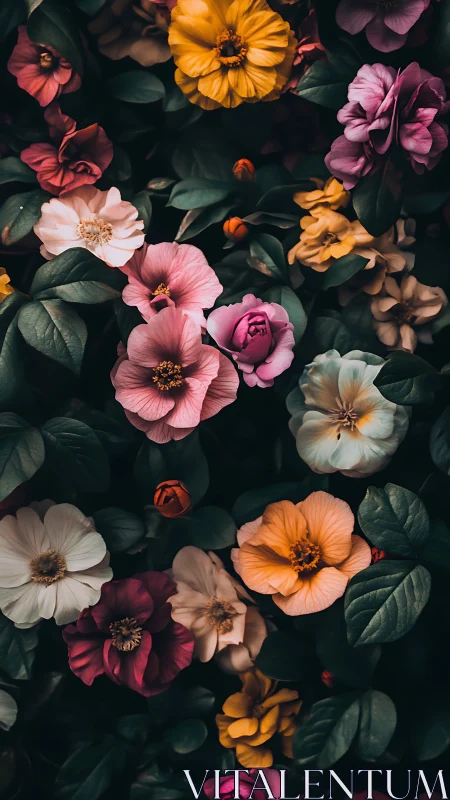 Overhead flower garden with warm and cool tones.