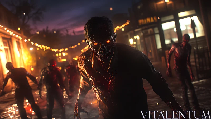 Glowing-eyed zombie stalks a deserted, neon-lit city street