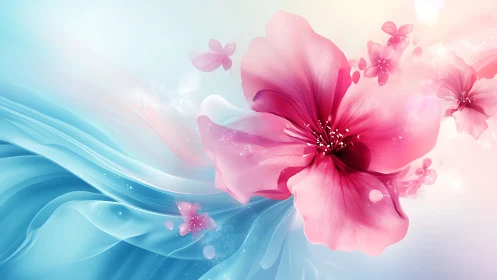 Pink Blossoms Dance in Blue Silk Waves.