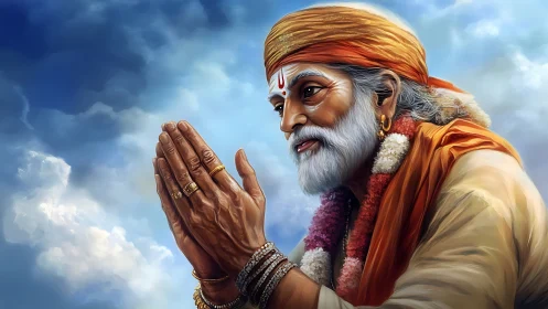 Skybound sage folds weathered hands in luminous prayer