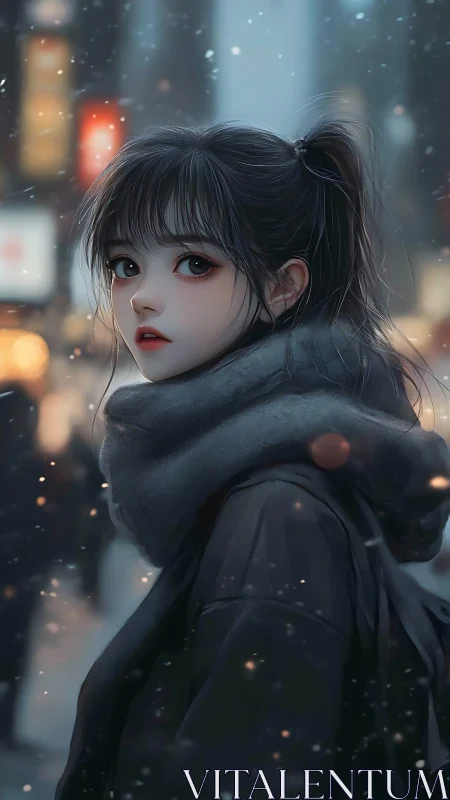 Anime portrait of girl in snowy neon city uses soft bokeh rendering