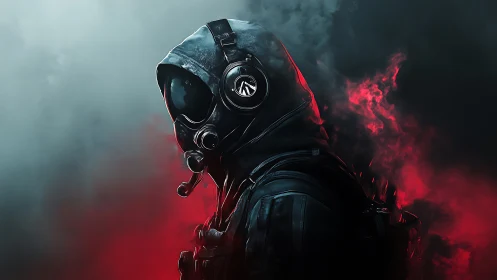 Hooded sci fi wanderer walking through stormy red mist.