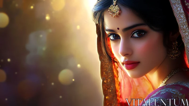 Bridal portrait with golden bokeh and intricate red sari detailing.