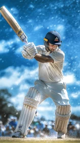 Dynamic cricket batsman in action, high-contrast digital painting.