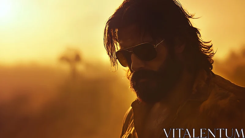 Bearded man in sunglasses against warm sunset light.