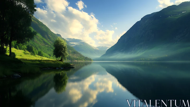 Mountain lake reflects valley slopes and scattered morning clouds