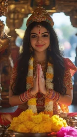Garlanded devotion glows as a young deity-like girl smiles