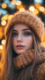 Winter portrait captures serene girl amid festive bokeh glow.