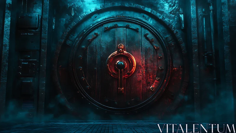 Mysterious glowing vault door in moody neon shadows.