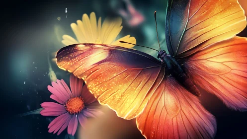 Orange butterfly over flowers in soft digital lighting.