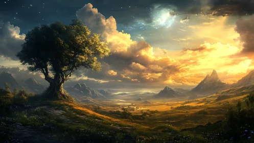 Solitary tree overlooks illuminated valley under layered sky