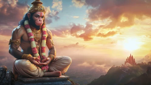 Serene monkey deity meditating above a glowing valley.