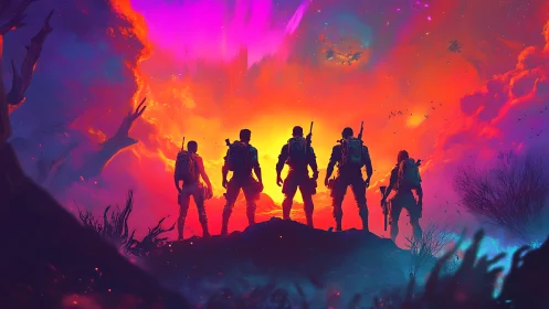 Squad silhouettes facing nebular sunset on alien ridge