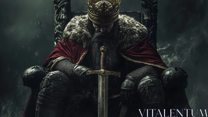 Medieval king in armor seated on throne with sword.